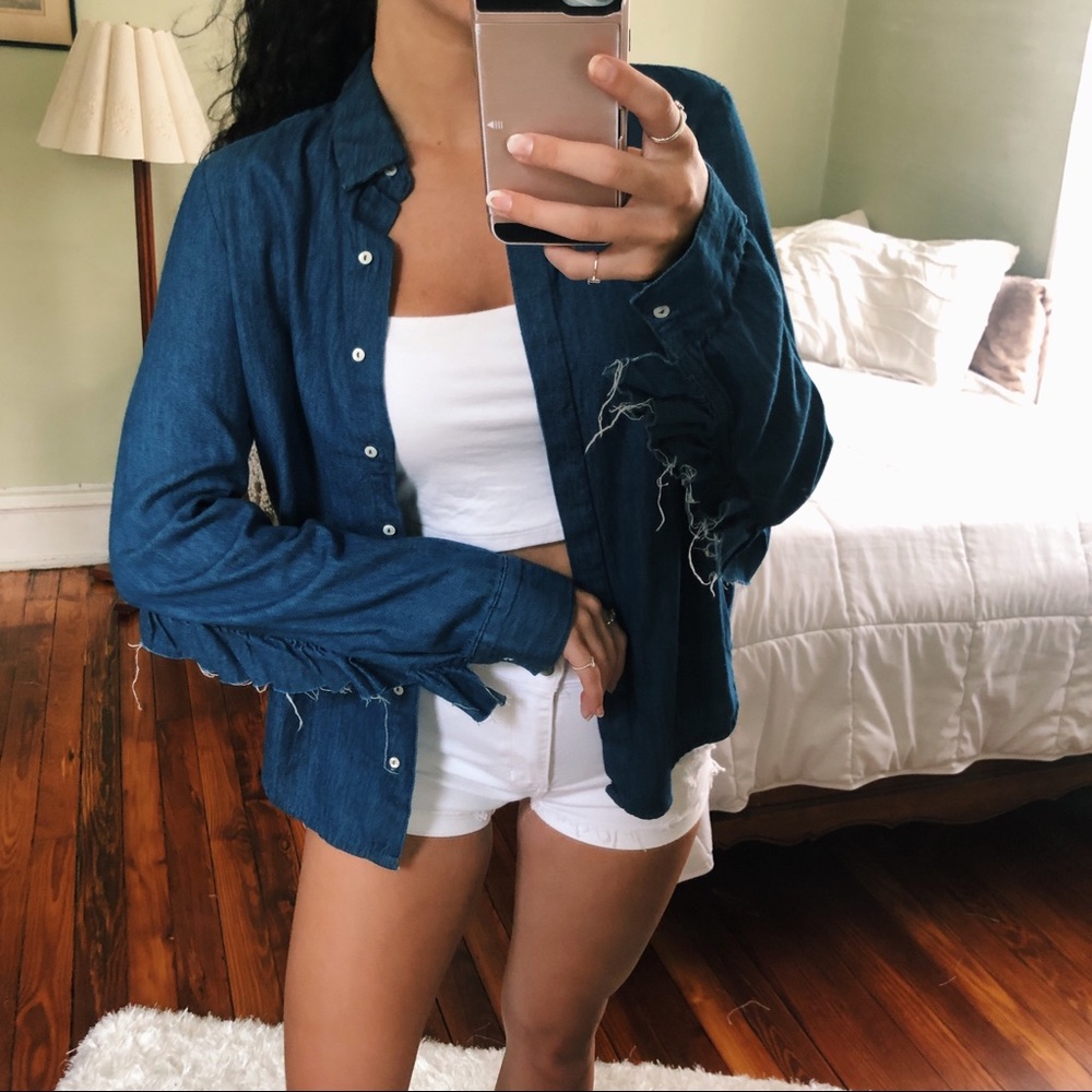 ZARA Denim Ruffle Sleeve Button Down Top